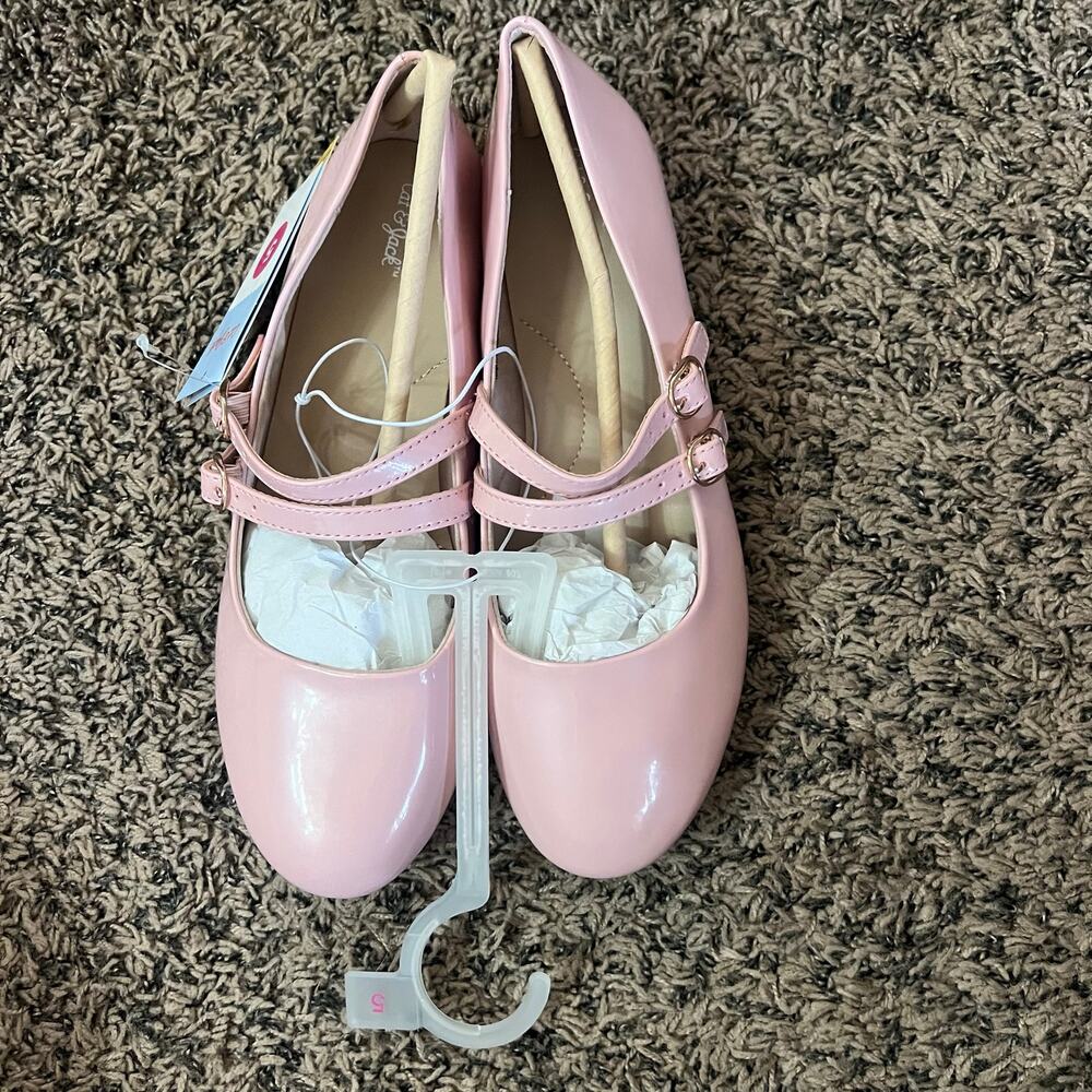 Cat & Jack Girls Pink Patent Mary Jane Flats Size 5 Double Strap Buckle NWT